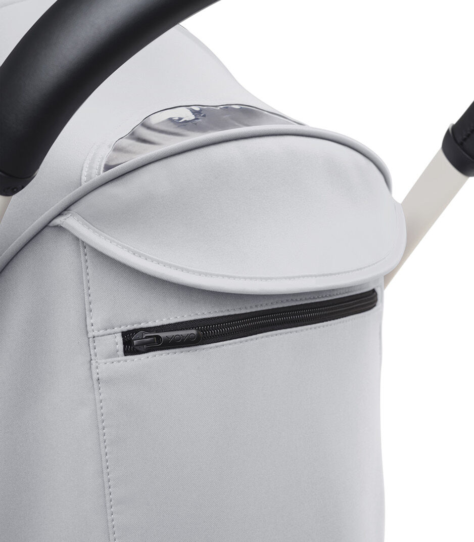 Stokke® YOYO3® 6+ Stone. White Frame. Canopy ventilation closed, close-up. galery image 7